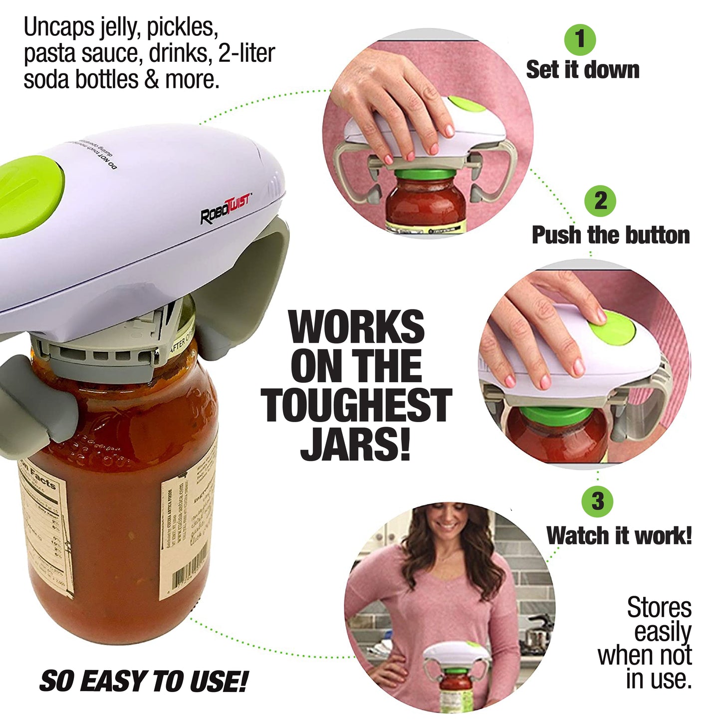 Robo Twist Electric Automatic Jar Opener for Seniors Arthritis One Touch for Jars of All Sizes  White