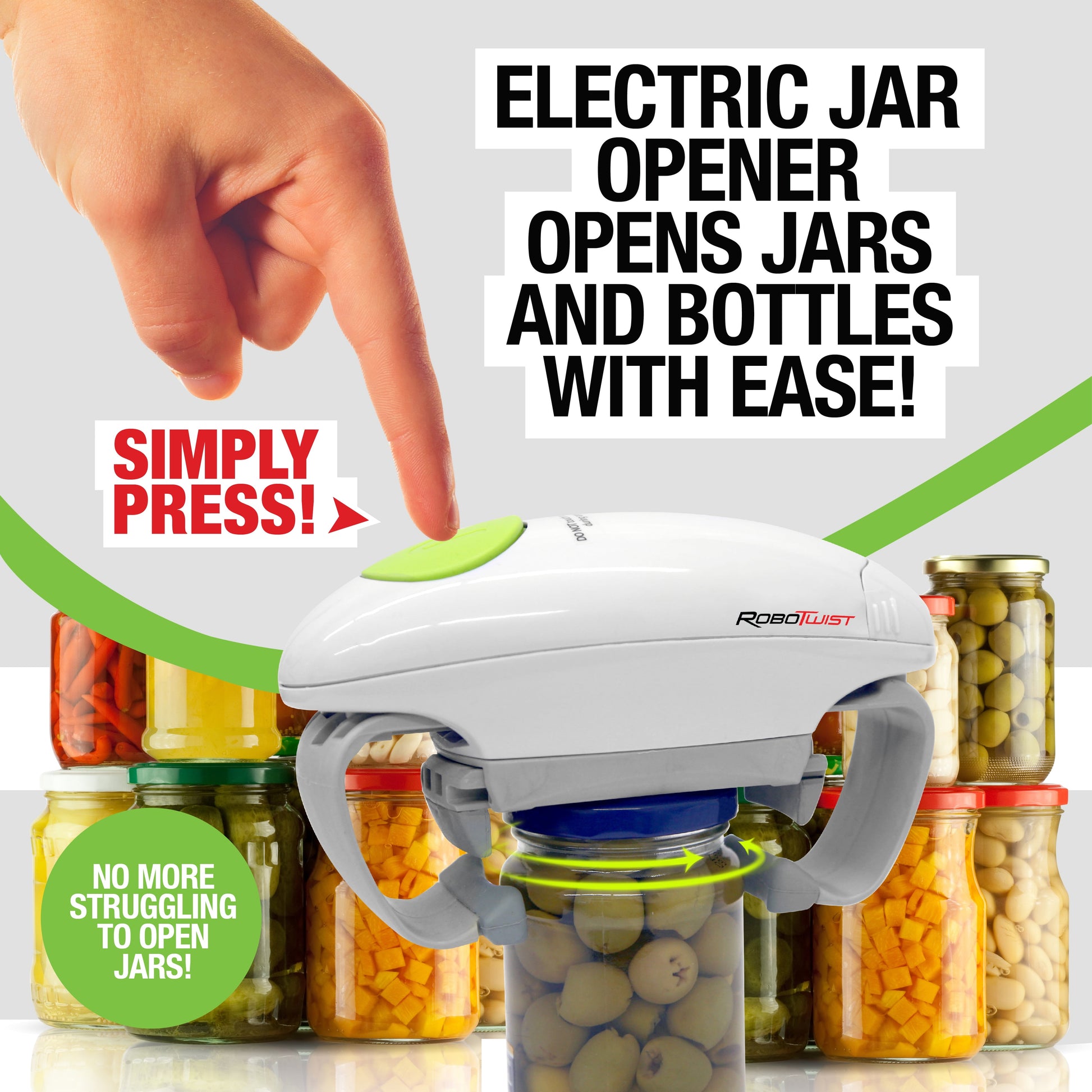 Robo Twist Electric Automatic Jar Opener for Seniors Arthritis One Touch for Jars of All Sizes  White